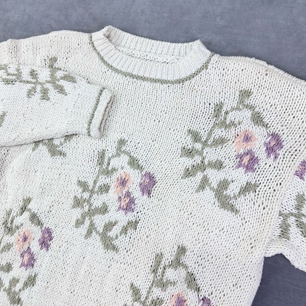 Vintage Sweater Womens M White Floral Pullover Chunky Knit Cottage Prairie